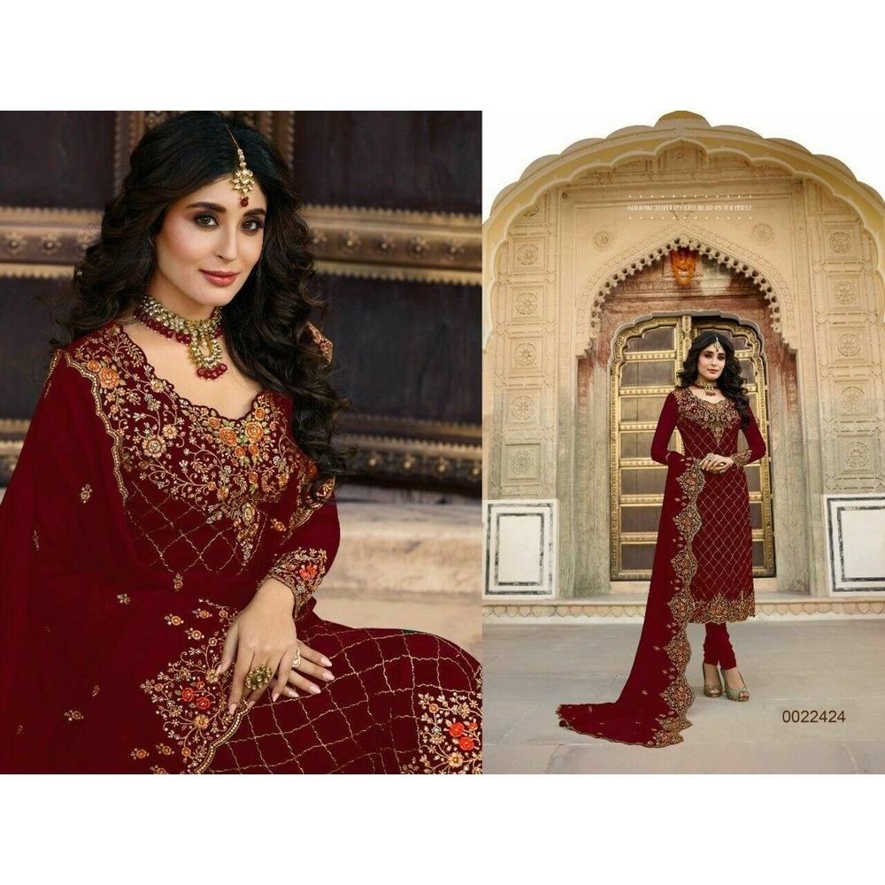 High Quality Maroon Color Fabric’s Heavy Embroidery Work Semi-stitched Georgette Three Piece (salwar kameez) for women.