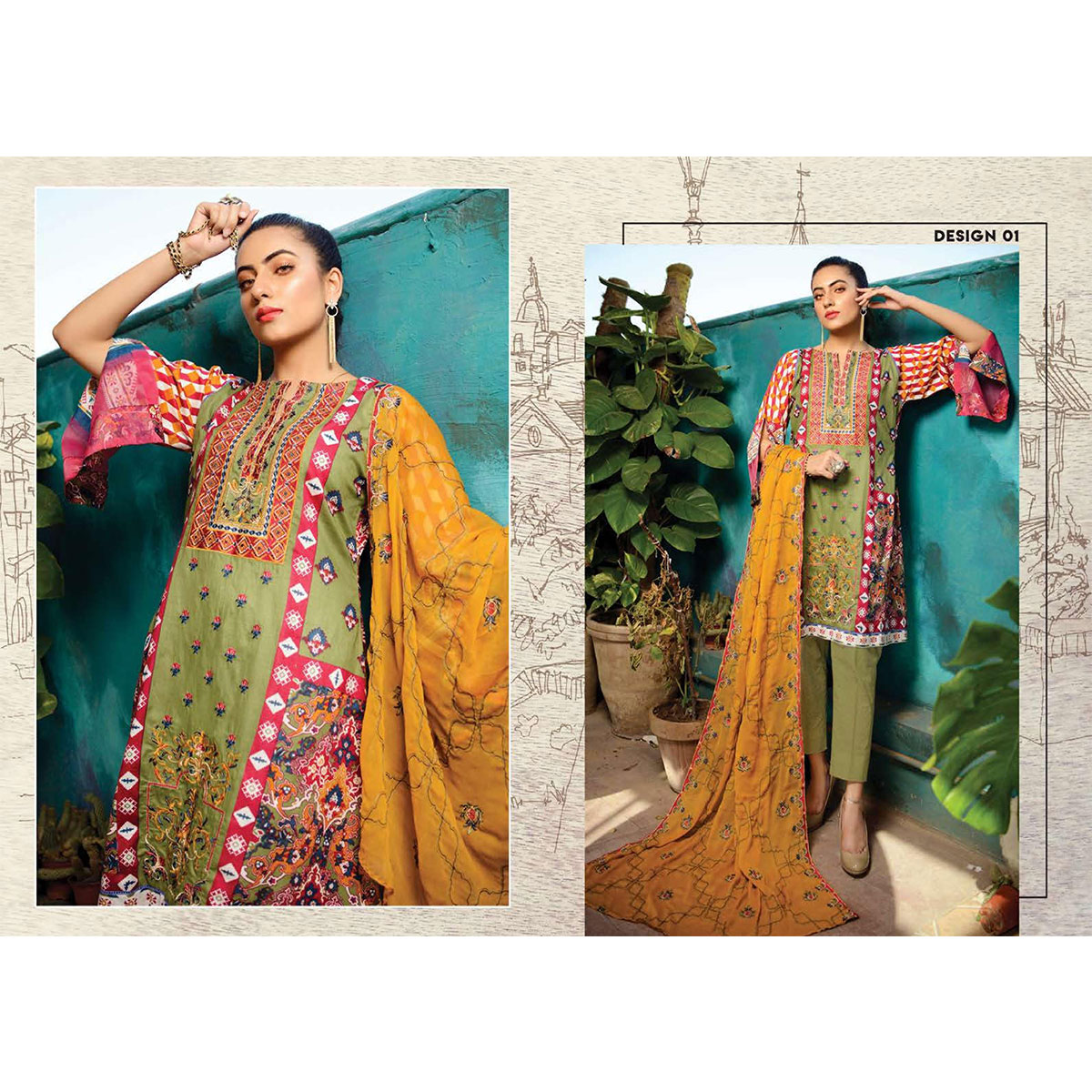 ARZO Zebaish Printed and Embroidered Lawn with Chiffon Embroidered Dupatta Collection - Per Set - 9 Piece suits